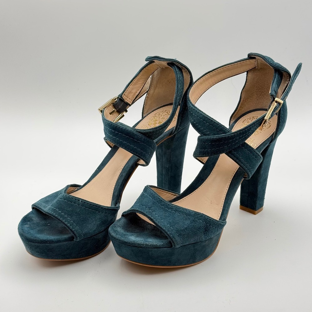 Vince Camuto Shayla Teal Blue Suede Platform Block Heel Sandals Womens 7.5 M - Picture 11 of 12